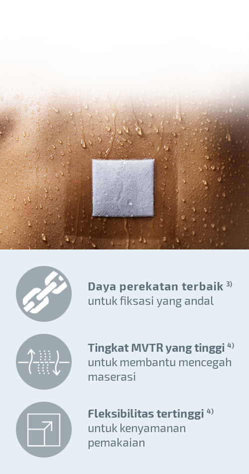 Tampak dekat dari dressing Fixomull transparent yang memfiksasi kasa di atas kulit basah dengan droplet dan gambar yang memperlihatkan keunggulan Hypafix transparent: daya rekat terbaik, tingkat MVTR yang tinggi, kelenturan optimal. Tampak dekat dari dressing Fixomull transparent yang memfiksasi kasa di atas kulit basah dengan droplet dan gambar yang memperlihatkan keunggulan Hypafix transparent: daya rekat terbaik, tingkat MVTR yang tinggi, kelenturan optimal.
